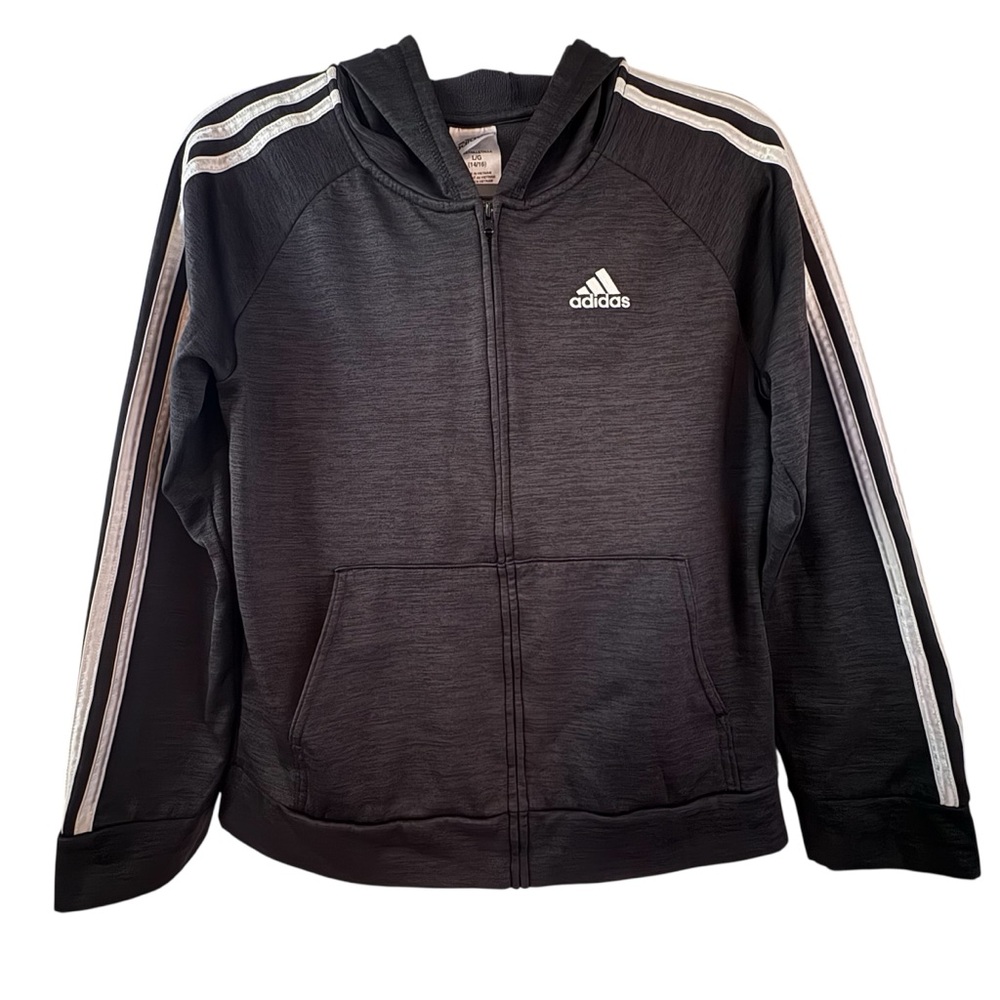 Adidas Kids 3 stripe Dark Heather gray and White Zip-Up Hoodie Jacket